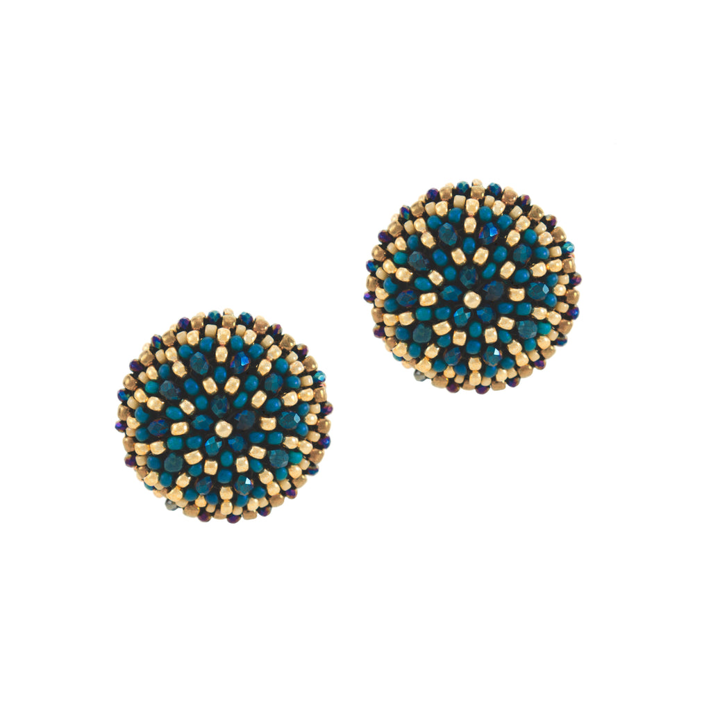 Dahlia Flower Dark Blue Bead Stud Earrings