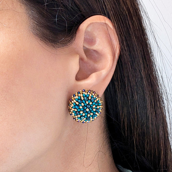 Dahlia Flower Dark Blue Bead Stud Earrings