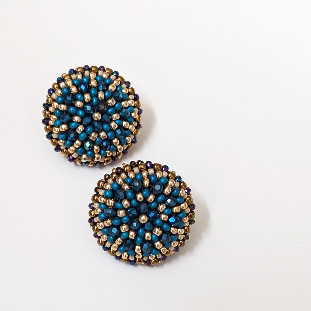 Dahlia Flower Dark Blue Bead Stud Earrings