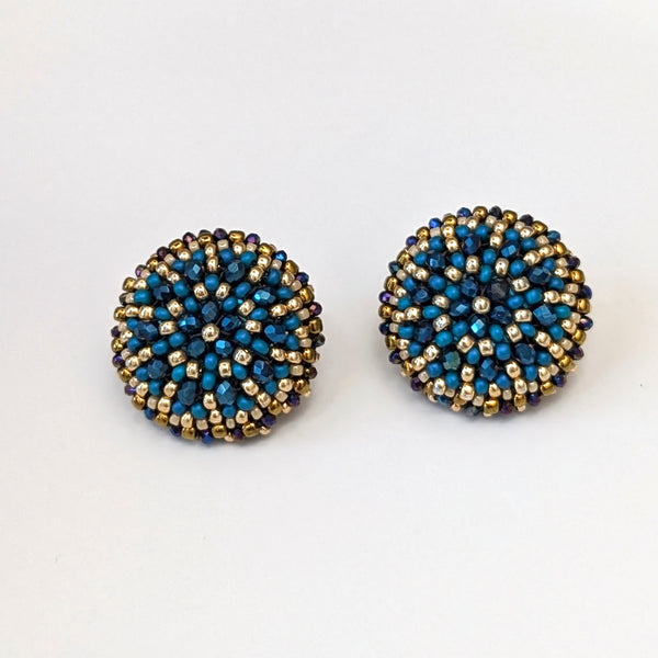 Dahlia Flower Dark Blue Bead Stud Earrings