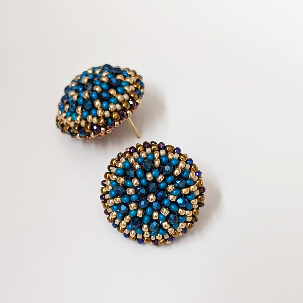 Dahlia Flower Dark Blue Bead Stud Earrings