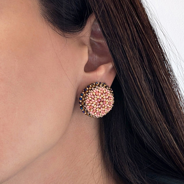 Dahlia Flower Peach Pink Bead Stud Earrings