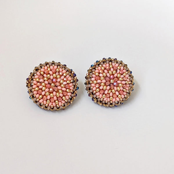 Dahlia Flower Peach Pink Bead Stud Earrings