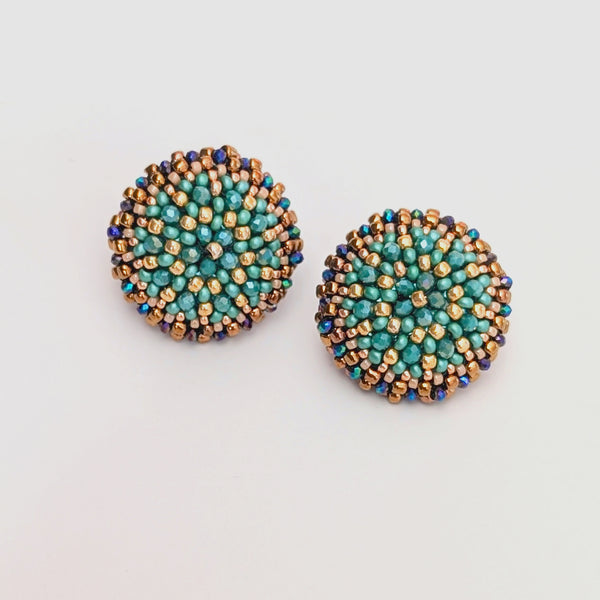 Dahlia Flower Teal Bead Stud Earrings