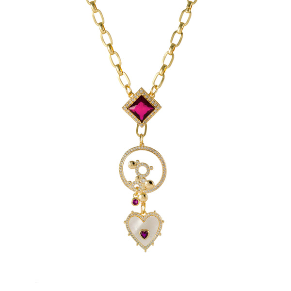 Irene Red Crystal Heart Drop Gold Necklace