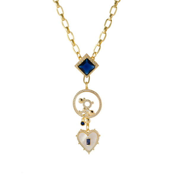 Irene Blue Crystal Heart Drop Gold Necklace