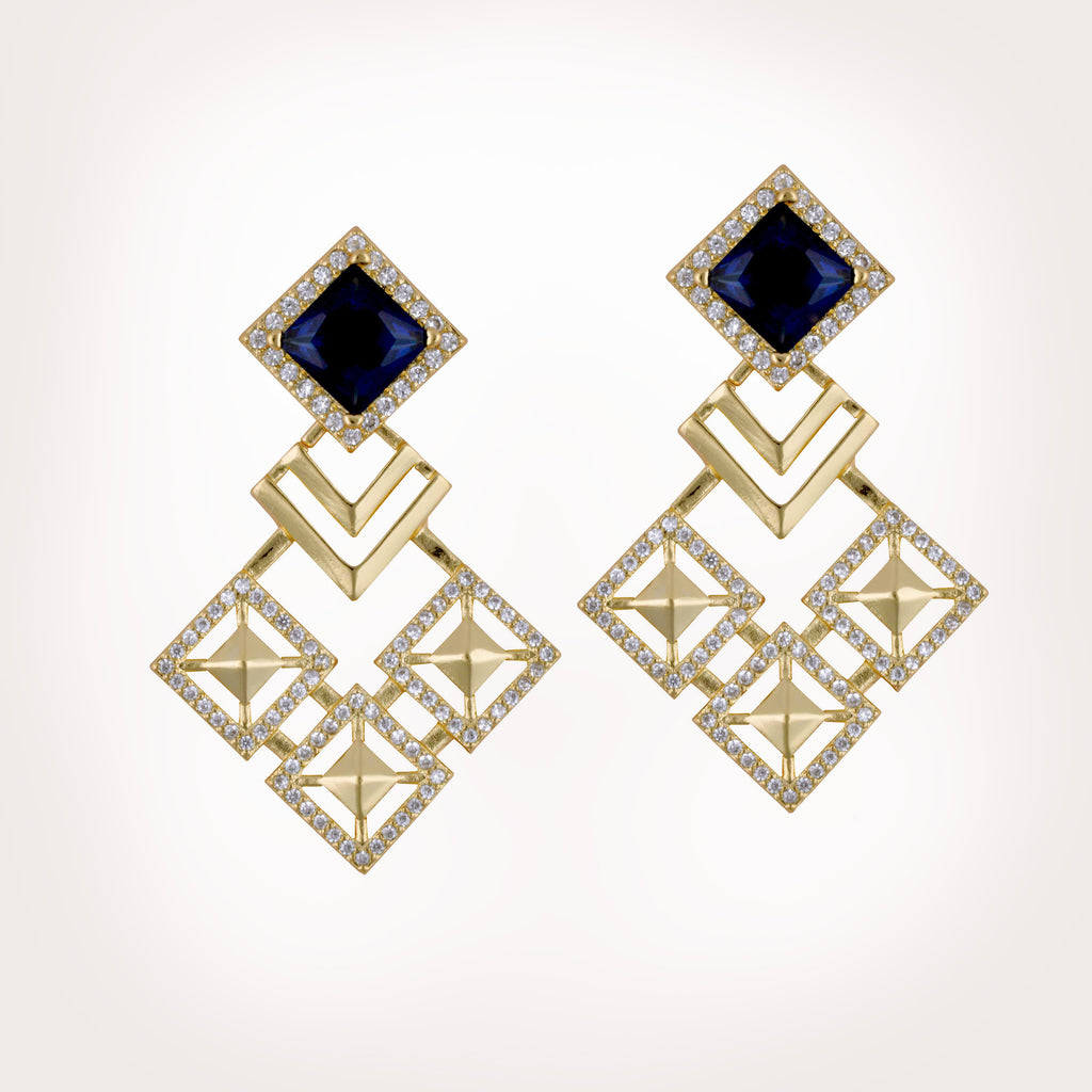 Malaya Blue Crystal Kite Drop Gold Earrings