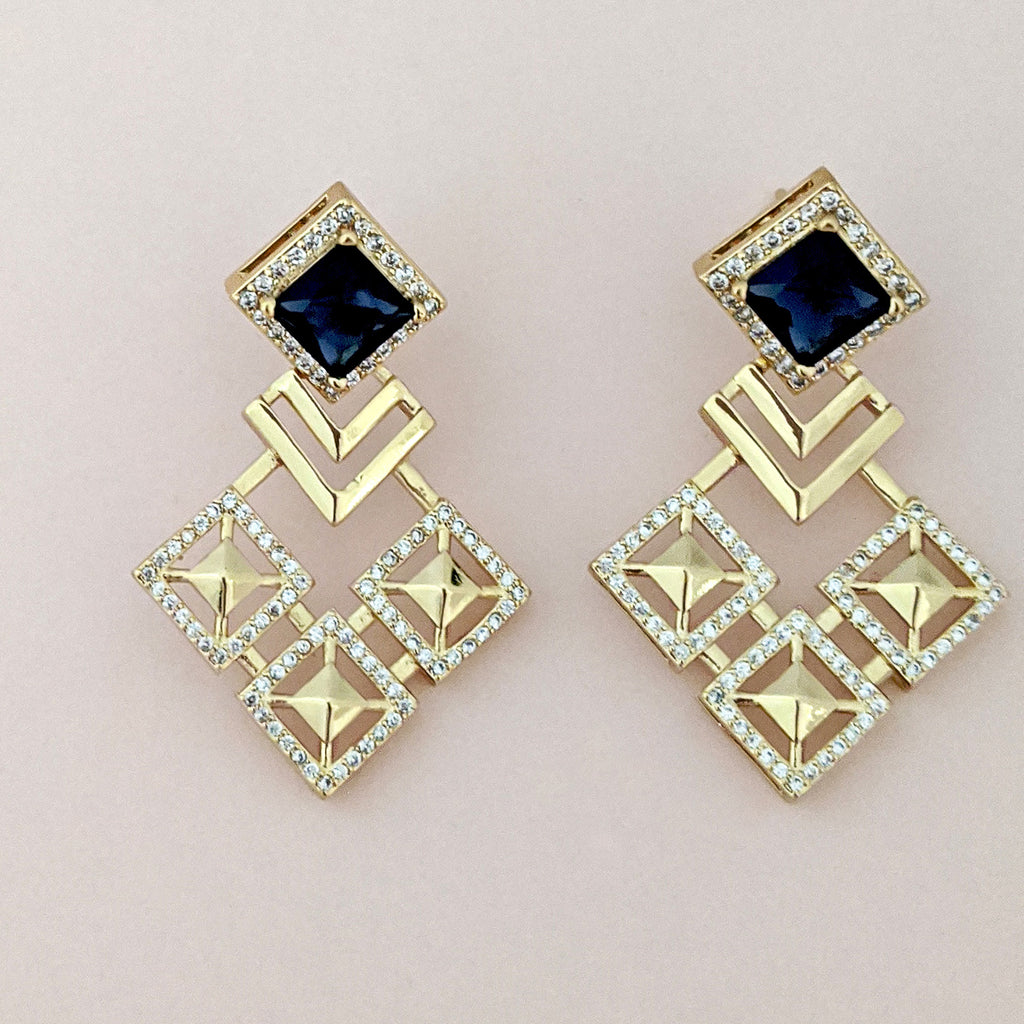 Malaya Blue Crystal Kite Drop Gold Earrings