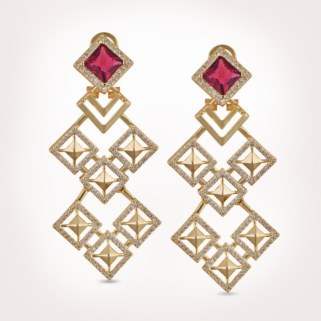 Malaya Red Crystal Kite Drop Gold Earrings