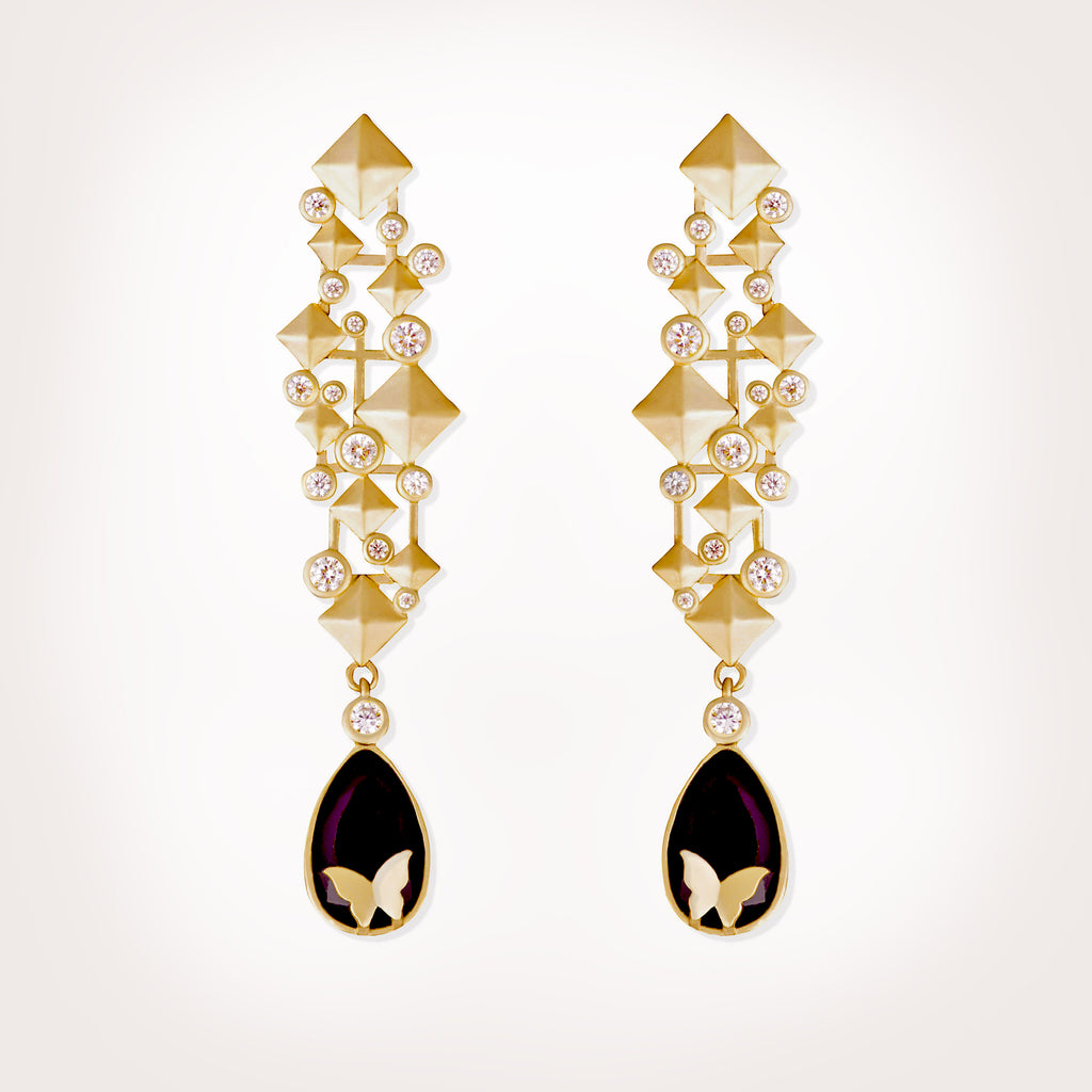 Nava Black Crystal Drop Butterfly Statement Gold Earrings