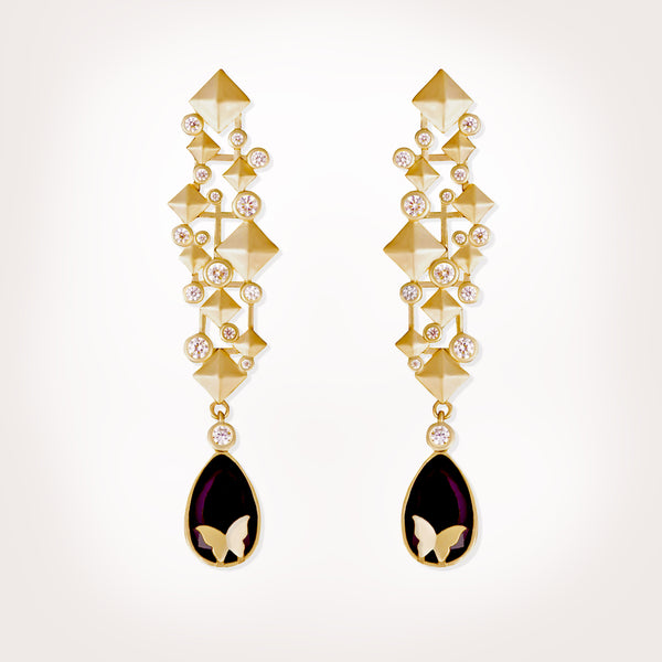 Nava Black Crystal Drop Butterfly Statement Gold Earrings