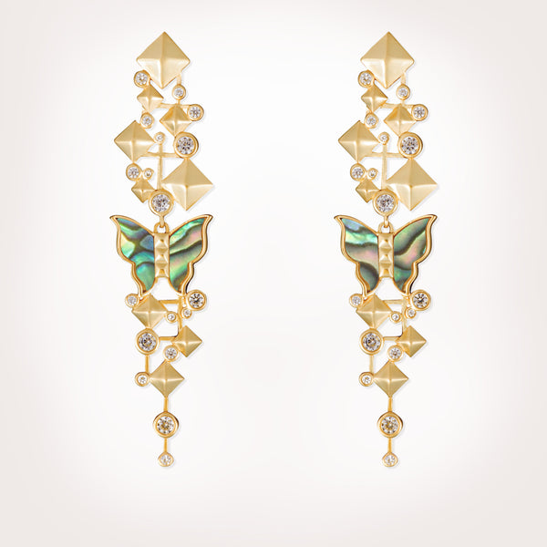 Nava Abalone Butterfly Drop Statement Gold Earrings