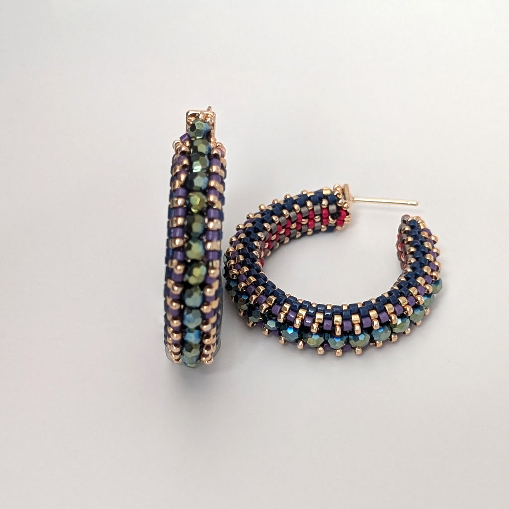 Nia Dark Blue Purple Beaded Hoop Earrings with Green Electroplated crystals