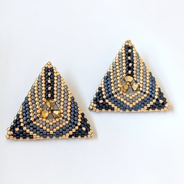 Triana Black Gray Stripe Geometric Beaded Stud Earrings