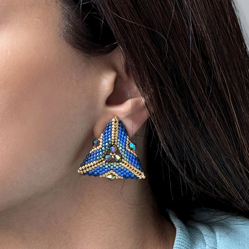 Triana Blue Geometric Triangle Beaded Stud Earrings