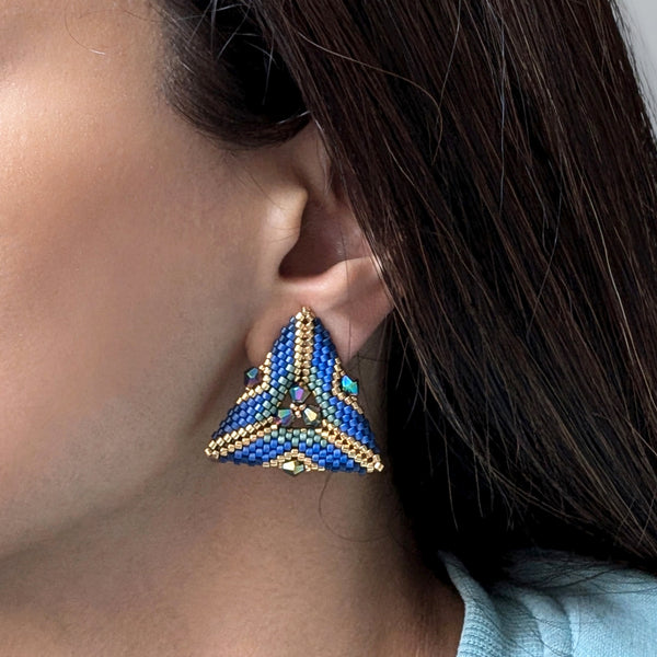 Triana Blue Geometric Triangle Beaded Stud Earrings