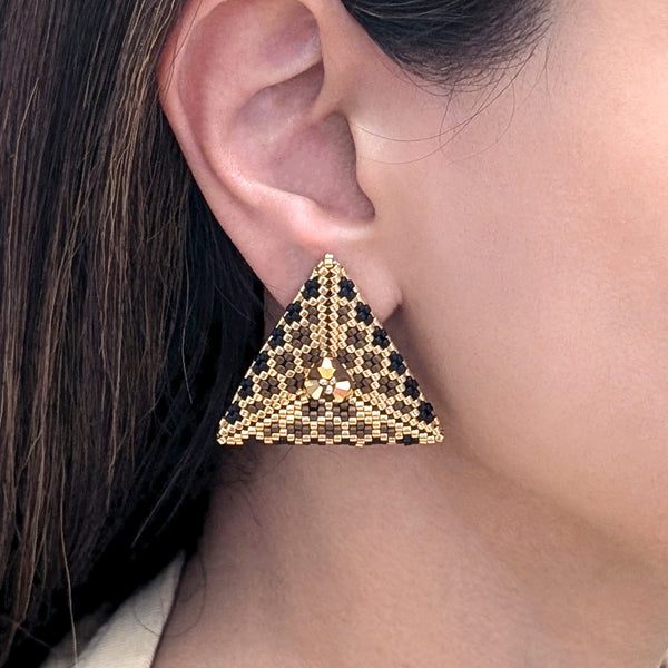 Triana Brown Brocade Geometric Beaded Stud Earrings