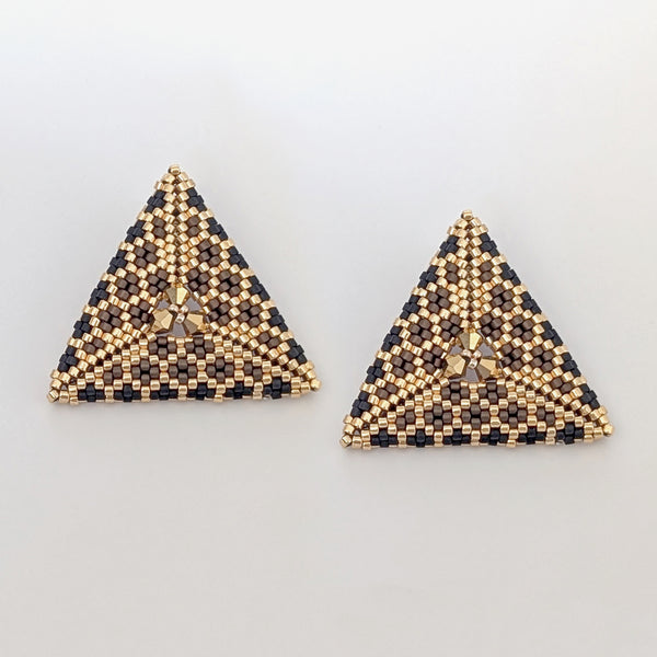 Triana Brown Brocade Geometric Beaded Stud Earrings